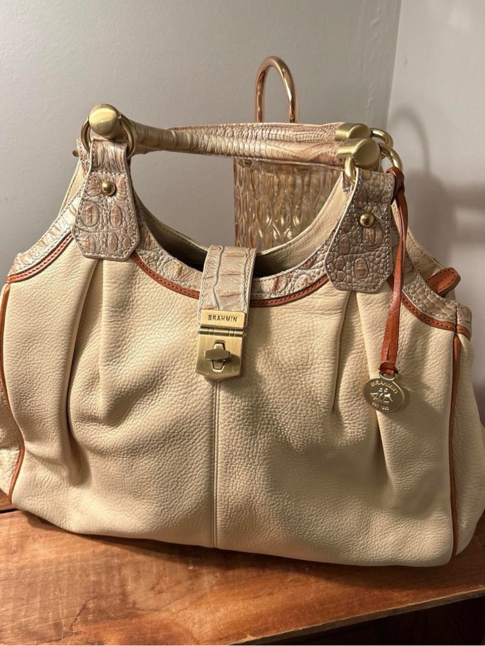 Brahmin Cream and Tan Leather Shoulder Bag with Croc-Trim Handles